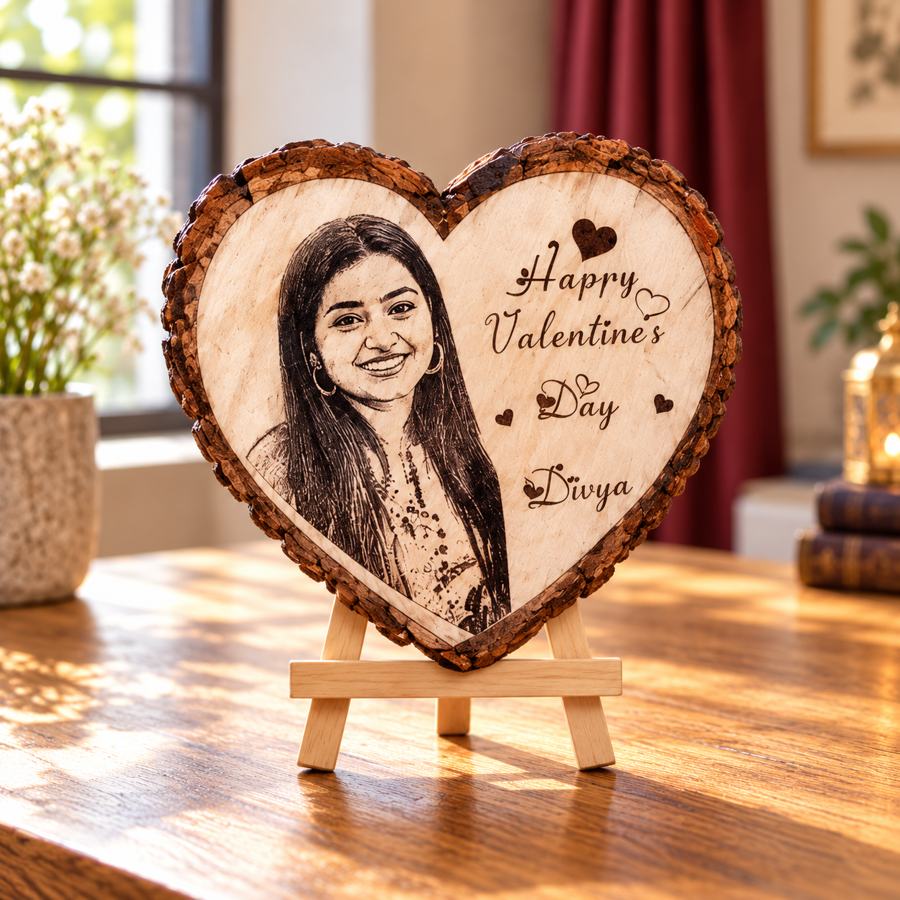 Heart wooden engraved tabletop gift, product 1594 — styled product image