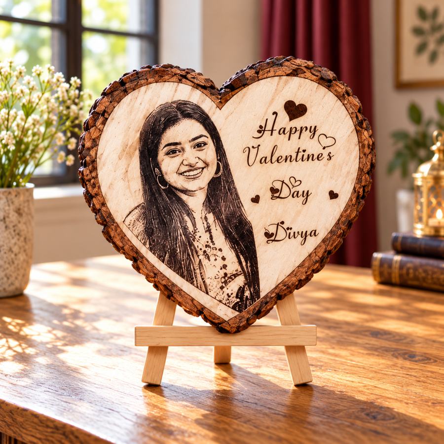 Heart wooden engraved tabletop gift, product 1595 — styled product image