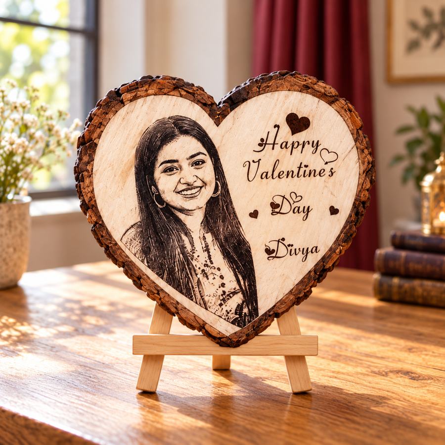 Heart wooden engraved tabletop gift, product 1596 — styled product image