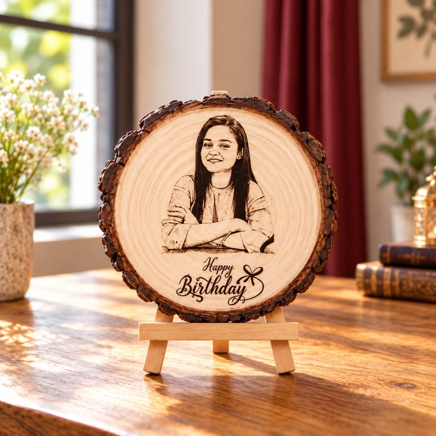 Round wooden engraved tabletop gift, product 1597 — styled product image