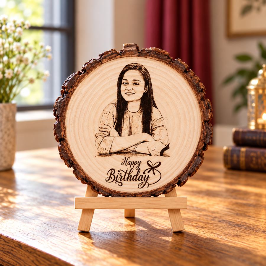 Round wooden engraved tabletop gift, product 1598 — styled product image
