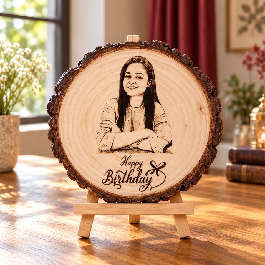 Round wooden engraved tabletop gift, product 1599 — styled product image